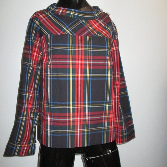 J.Crew 100% cotton deep red tartan plaid rhinestone button shoulder tunic - Picture 2 of 9